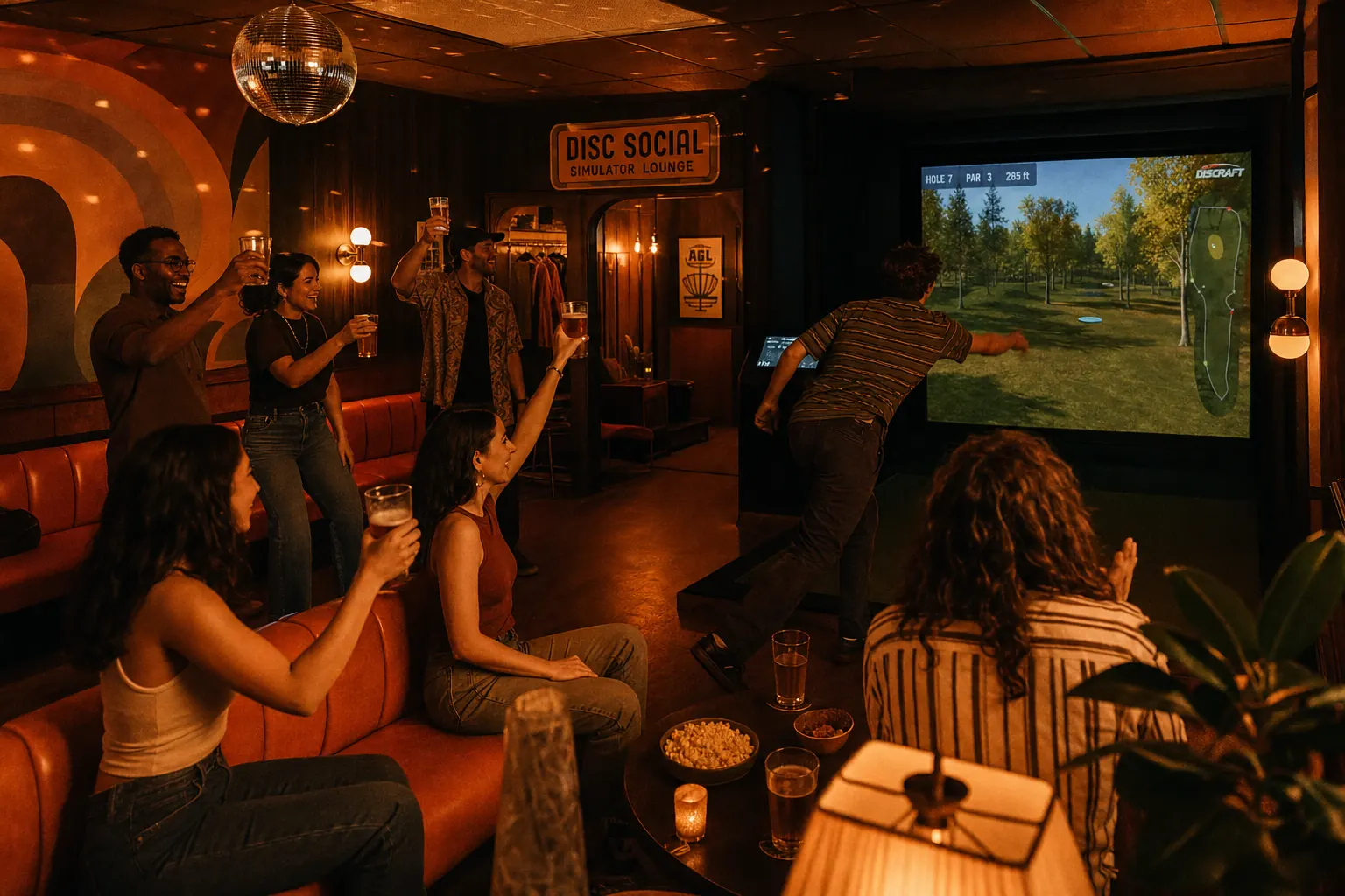 Friends celebrating inside The Disc-Go retro disc golf lounge in Fort Worth