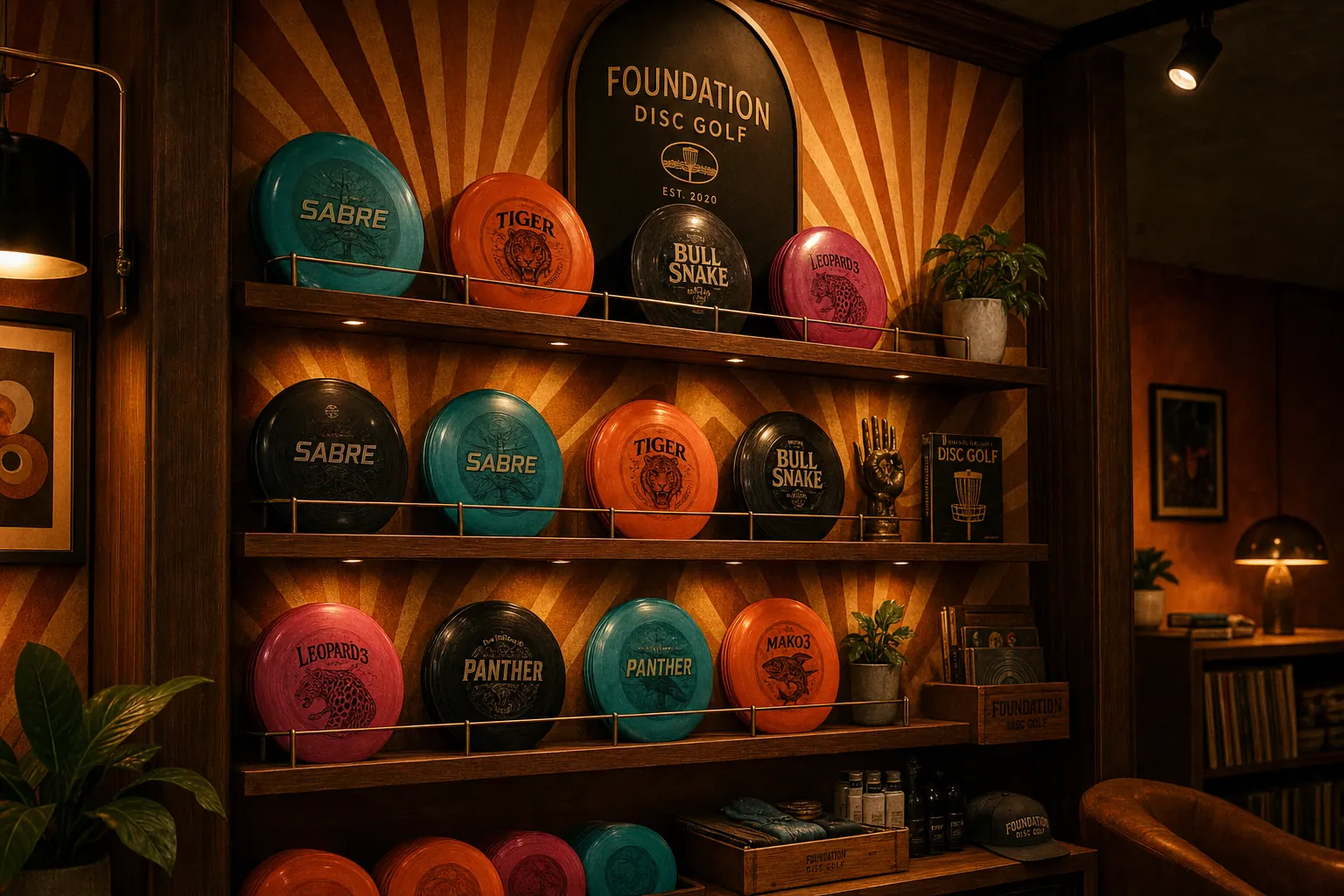 Disc golf pro shop wall stocked with discs at The Disc-Go Fort Worth