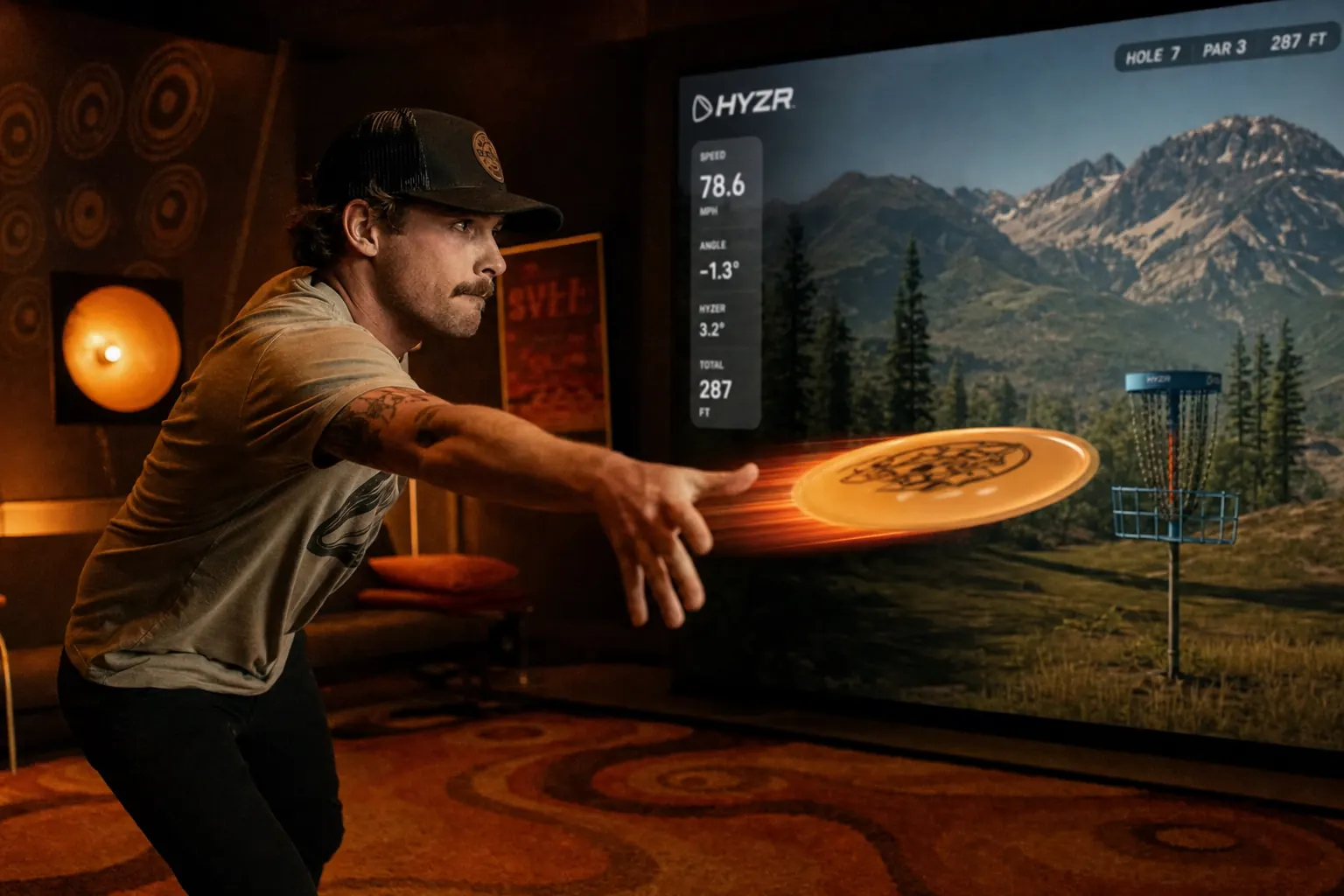Player mid-throw at a HYZR disc golf simulator bay inside The Disc-Go Fort Worth